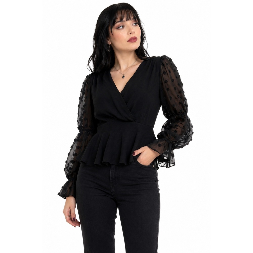 Black Sheer Sleeve Peplum Blouse M Ruffle V Neck Dark Romantic Going Out